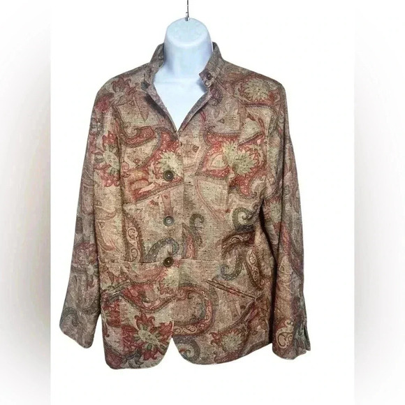 Coldwater Creek Jacket Button Up Mandarin Collar Retro Print Pockets Lined - Picture 2 of 9